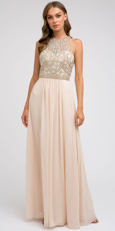 Juliet 609 A Line Chiffon Floor Length Gown Cut Out Back