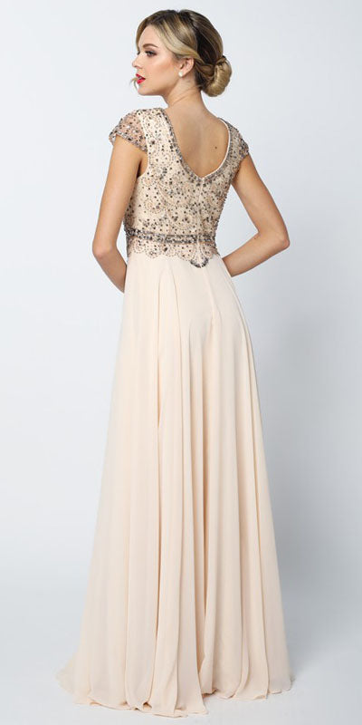 Juliet 657 Cap Sleeves Beaded Bodice A-line Long Dress