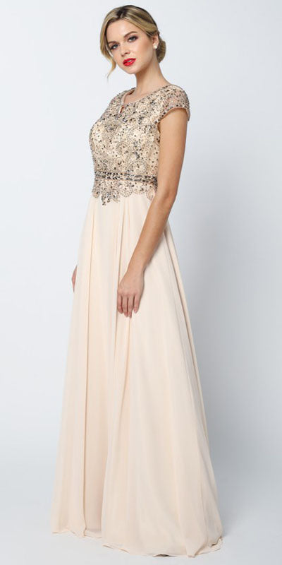 Juliet 657 Cap Sleeves Beaded Bodice A-line Long Dress
