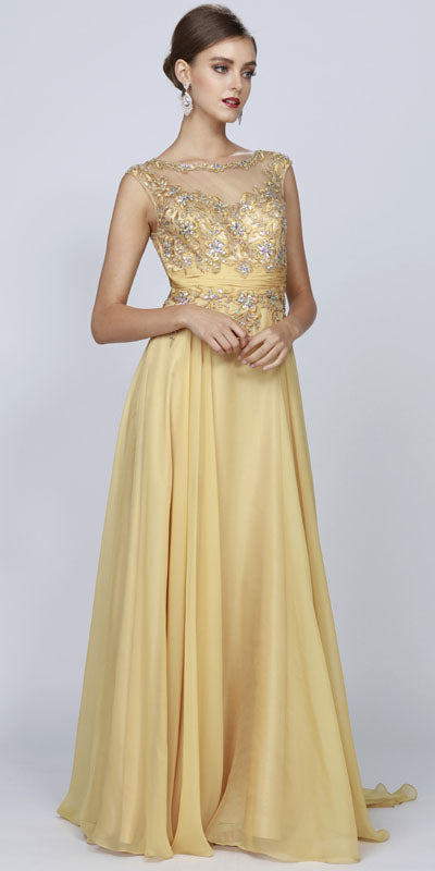 Juliet 552 Long Jewel Neckline Studded Bodice A-Line Gown