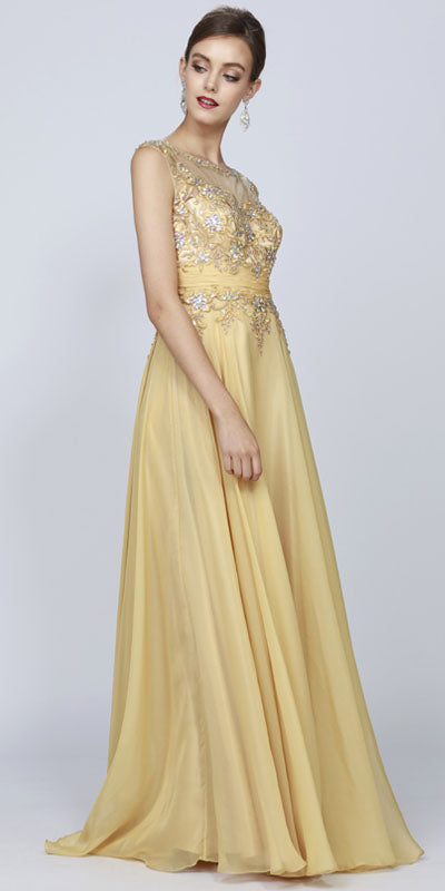 Juliet 552 Long Jewel Neckline Studded Bodice A-Line Gown