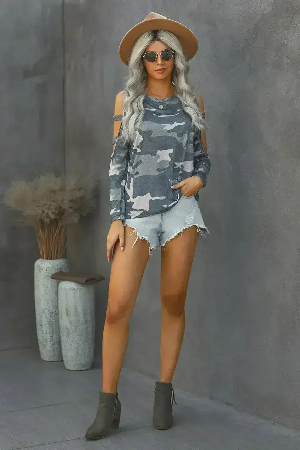 Camouflage Shoulder To Hollow Out Long Sleeve Top