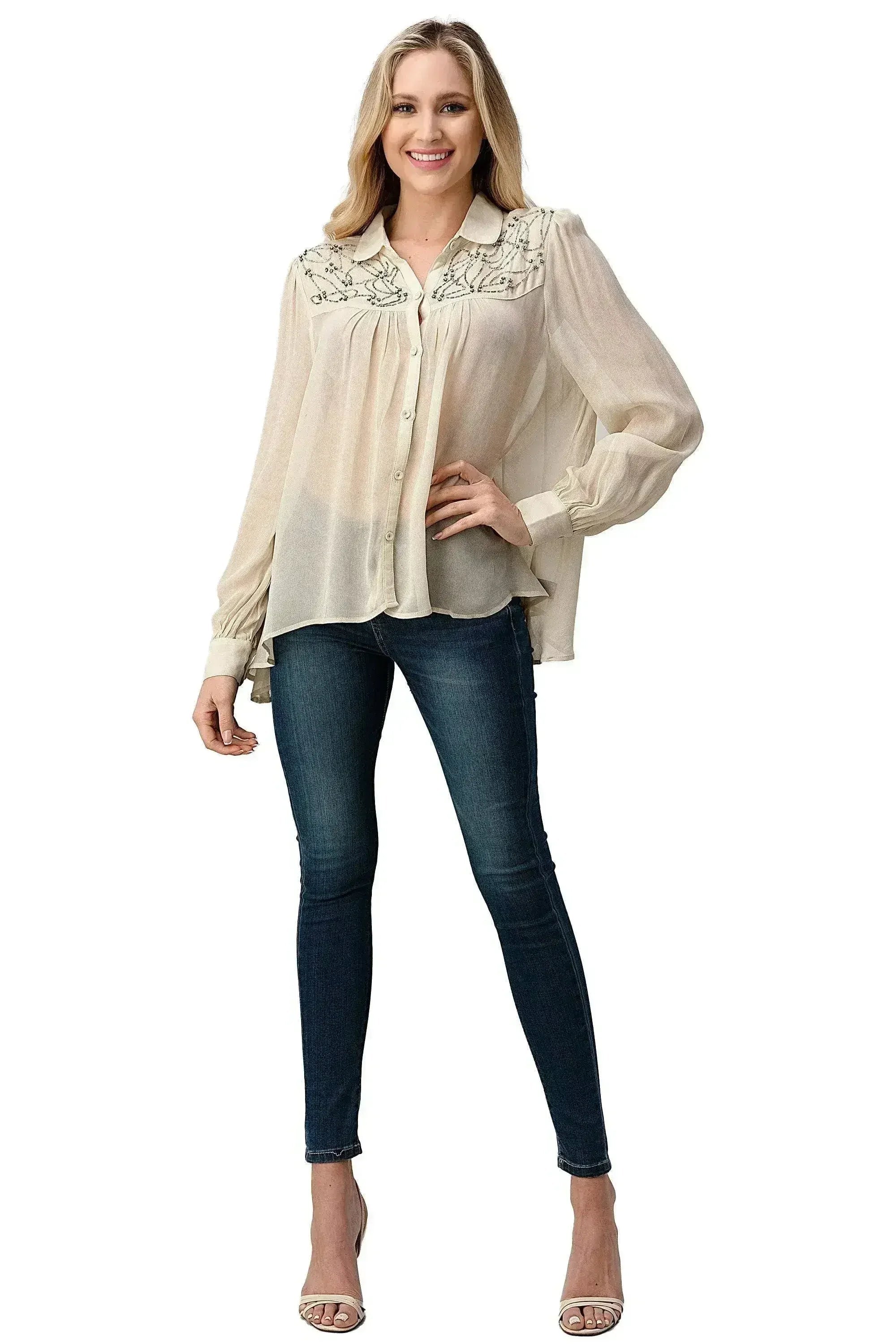 Embroidered Sheer Blouse - Beaded Jewel Trim Button-Up Top | Femstylo