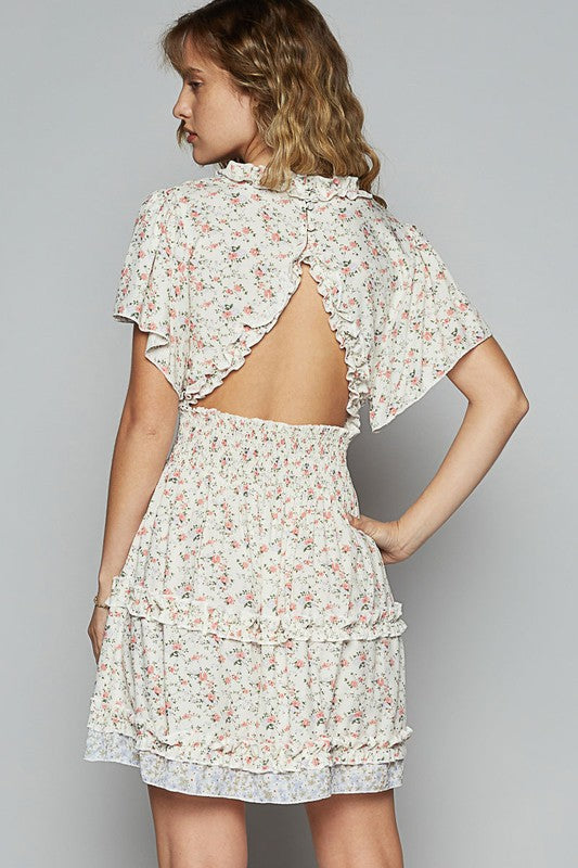 New Summer Cutout Back Frill Floral V-Neck Short Sleeve Mini Dress For Women Fluttering, Chic, Feminine, and Playful Dress with Floral Print and Back Cutout for a Flirty and Elegant Look