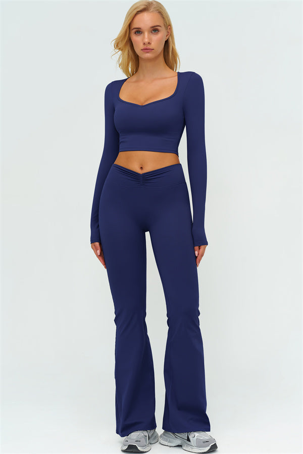 The Lushness Long Sleeve Crop Top Flared Leggings 2-Piece Set