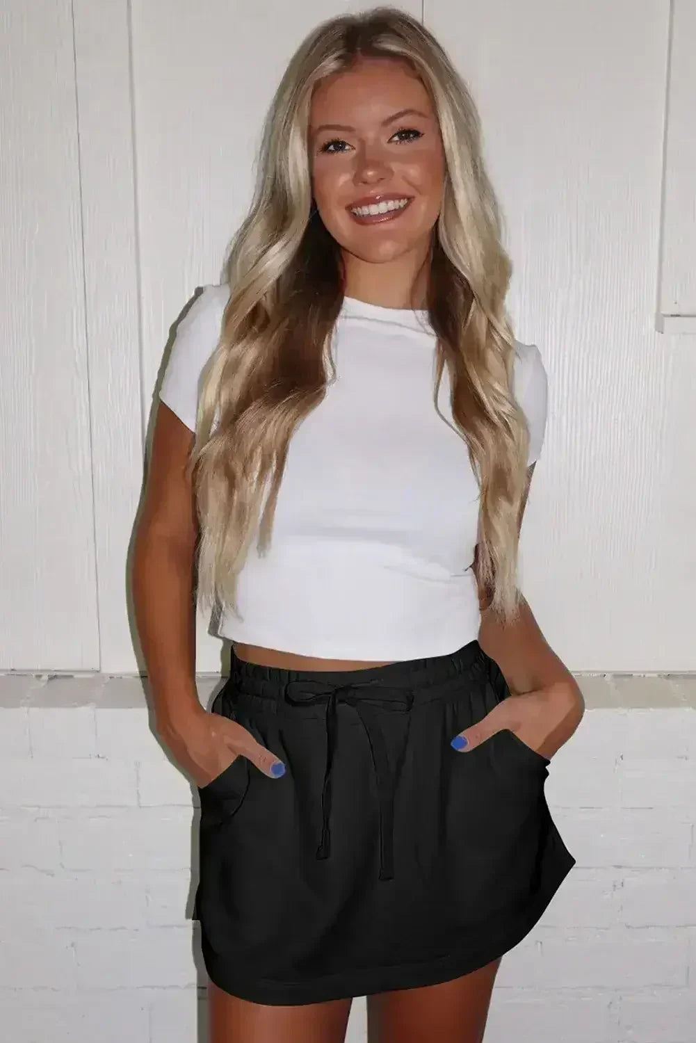 Black French Terry Drawstring Mini Skort with Pockets