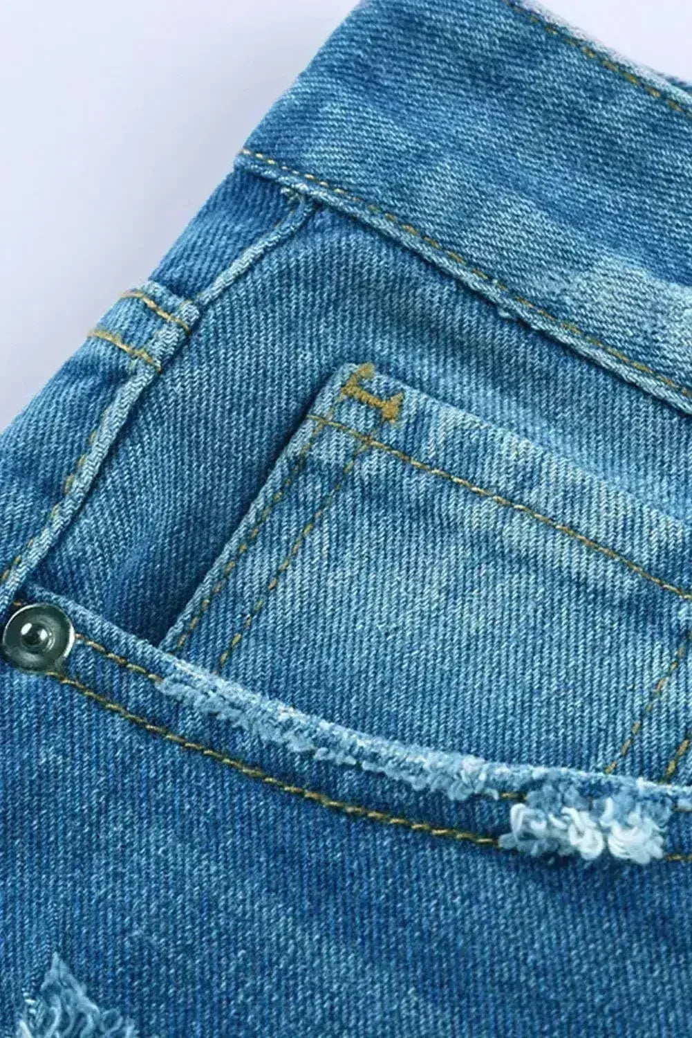 Distressed Mid Rise Frayed Hem Denim Shorts