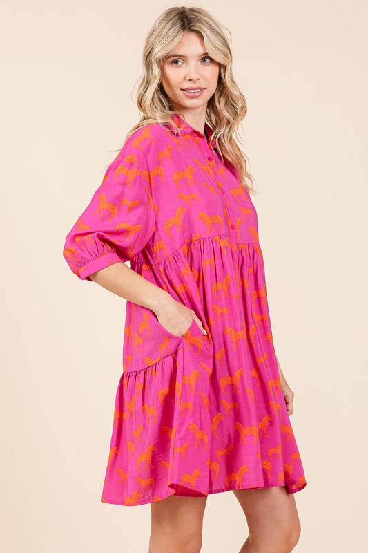 Zebra Print Button Down Shirt Mini Dress For Women – Fluttering, Bold and Fashion-Forward Dress with Pocketed Tiered Design