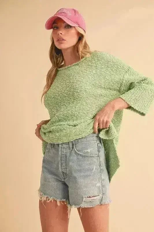 Ribbed Hem Sweater - Side Slit Round Neck Pullover | Femstylo