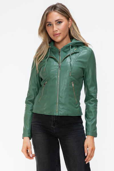 Women Classic Snobbish Faux Leather Zip-Up Drawstring Hooded Jacket Edgy & Casual PU Leather Jacket For Streetwear
