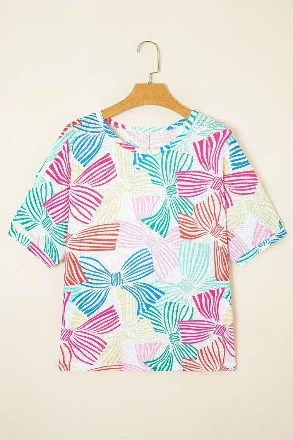 Sky Blue Bowknot Print Waffle Loose Tee