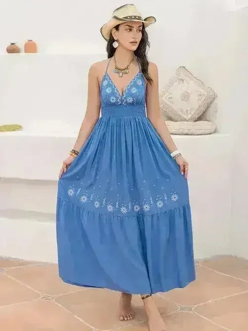 Printed Halter Neck Maxi Dress - Flowy Viscose Vacation Style | Femstylo