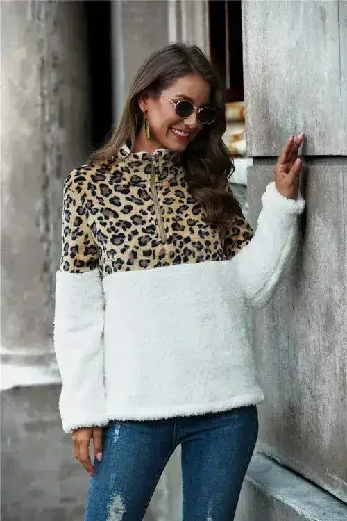 Leopard Print Half-Zip Teddy Sweatshirt for Women | Femstylo