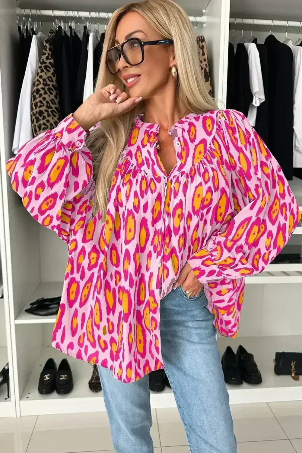 Light Leopard Print Balloon Sleeve Loose Blouse | Femstylo