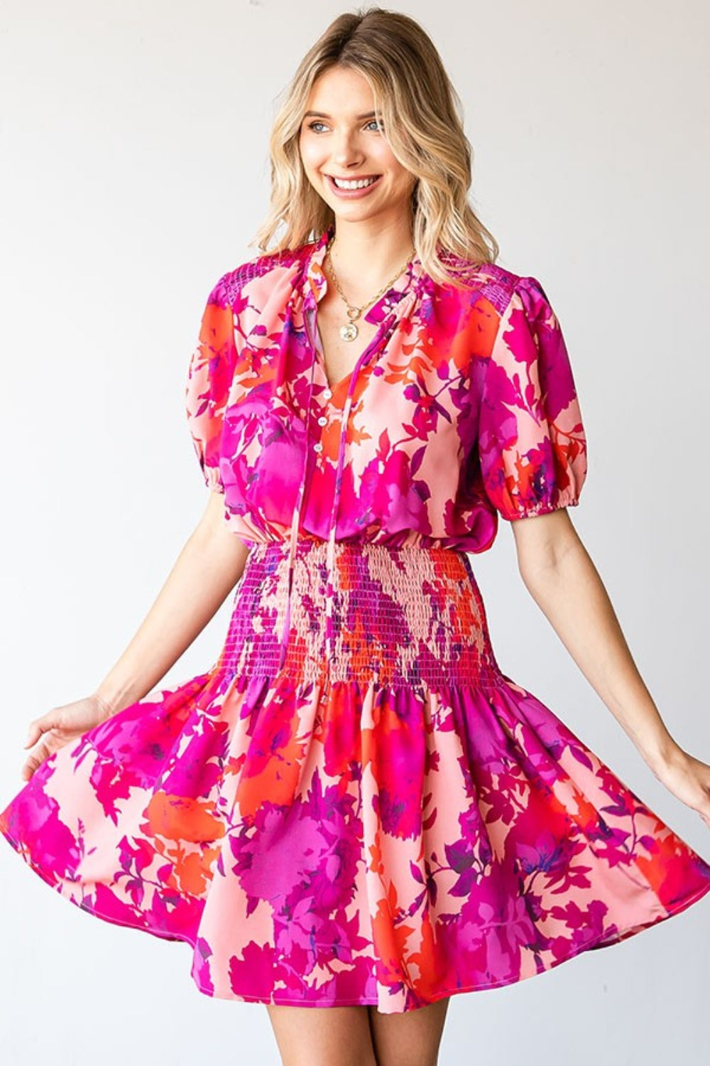 Floral Short Sleeve Smocked Mini Dress – Floral Mini Dress, Smocked Dress, Short Sleeve Floral Dress, Ruched Waist Dress, Summer Mini Dress, Romantic Floral Dress, Chic Floral Dress