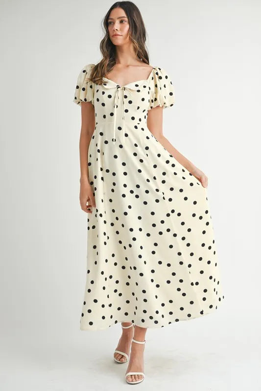 Polka Dot Puff Sleeve Midi Dress For Women – Vintage Fluttering Polka Dot Dress, Feminine Puff Sleeve Dress, Retro Midi Dress, Classic Chic Dress