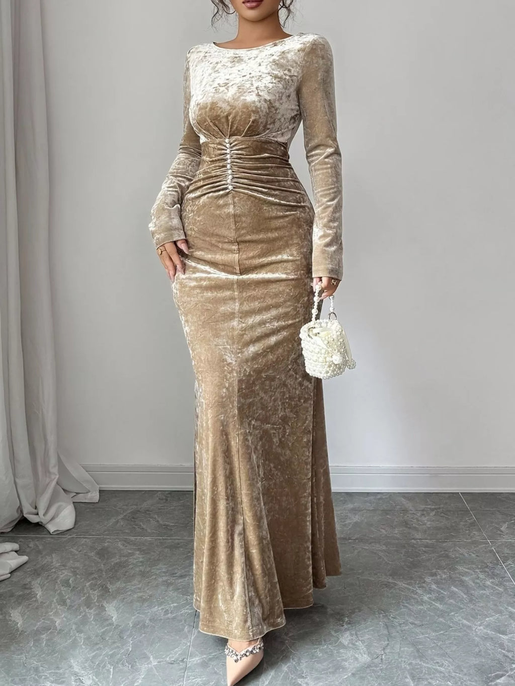 Velvet Ruched Bodycon Maxi Dress