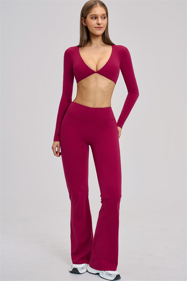 The Zestful Long Sleeve Crop Top Flared Leggings 2-Piece Set