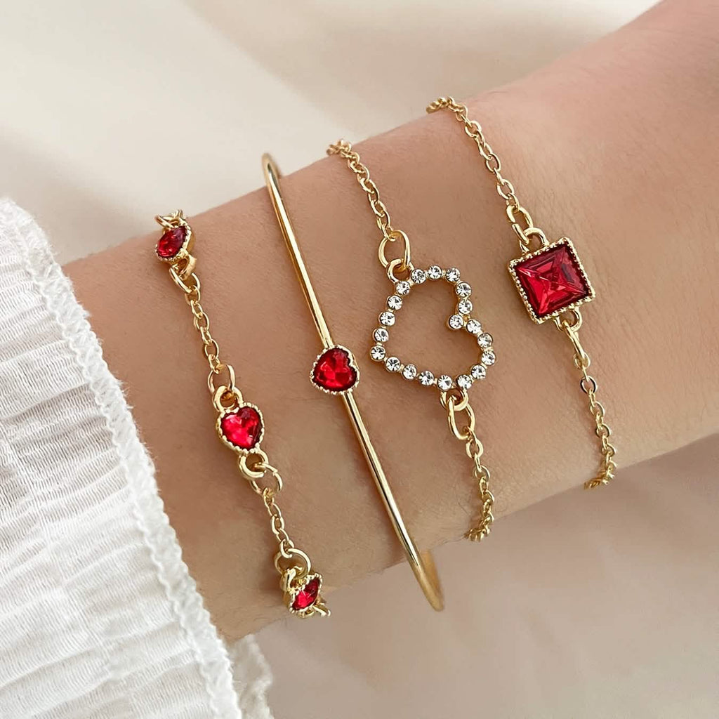 4pcs Rhinestone Alloy Bracelet Set – Minimalist Heart & Square Design