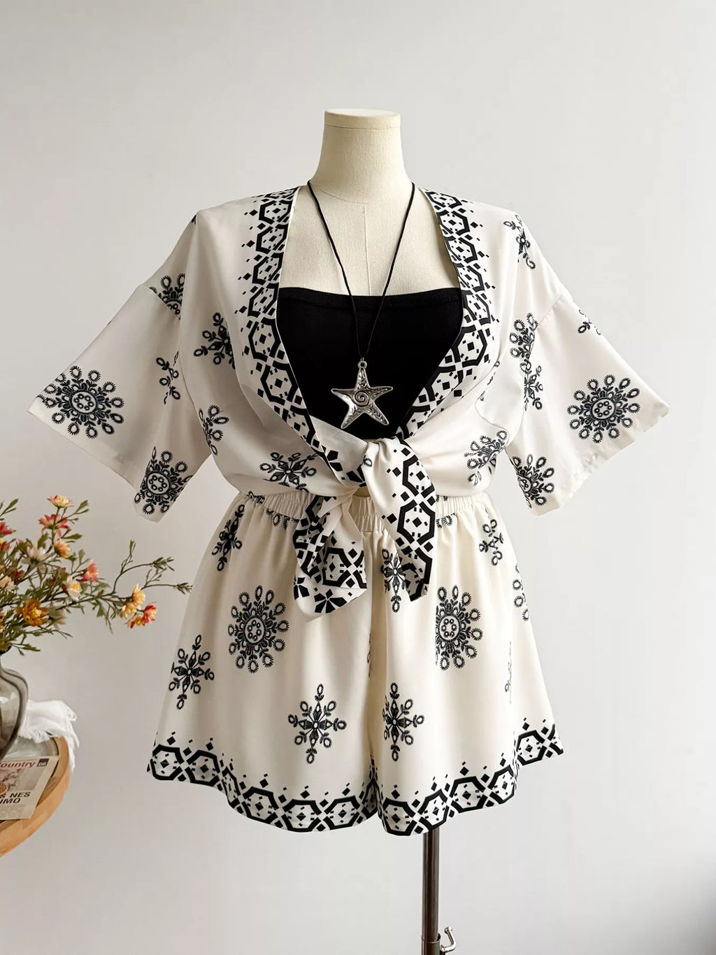 Plus Size Printed Open Front Cardigan and Shorts Set