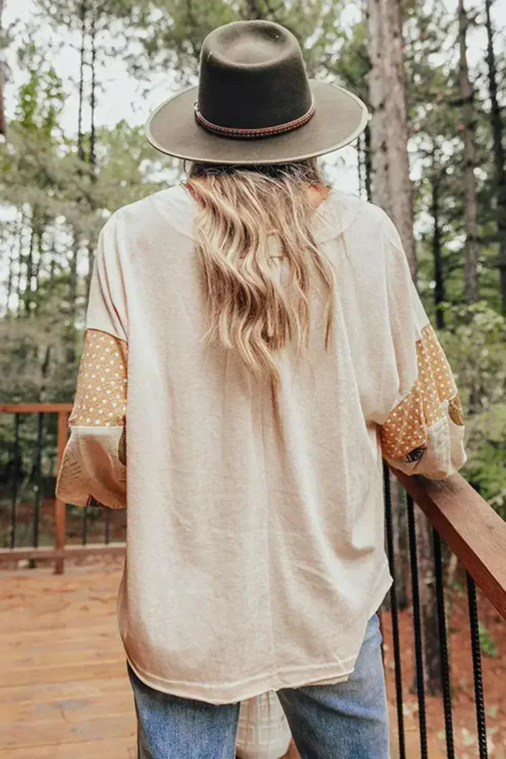 Puff Sleeve Patchwork Blouse - Tropical Print Top | Femstylo