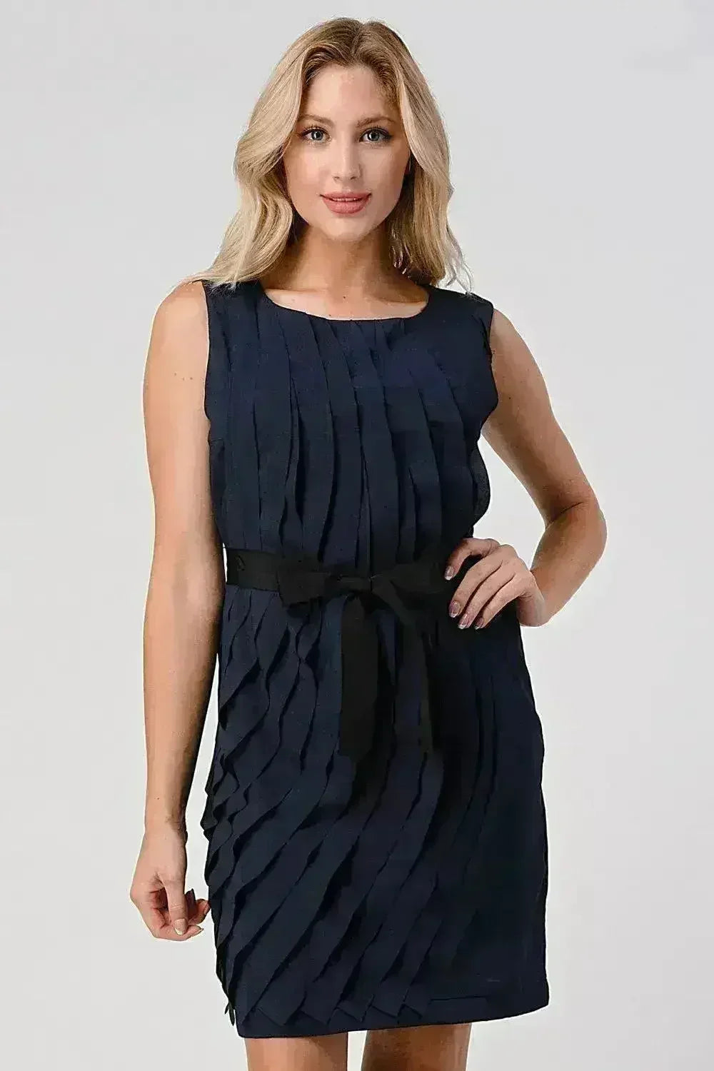 Sleeveless Pleated Shift Dress with Waist Tie - Femstylo