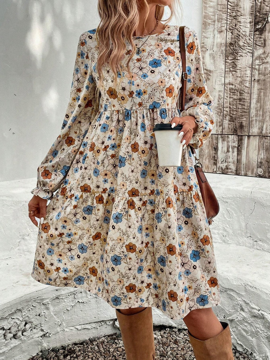 Tiered Floral Round Neck Long Sleeve Dress Elegant Summer Lightweight Breathable Dress