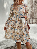Tiered Floral Round Neck Long Sleeve Dress Elegant Summer Lightweight Breathable Dress