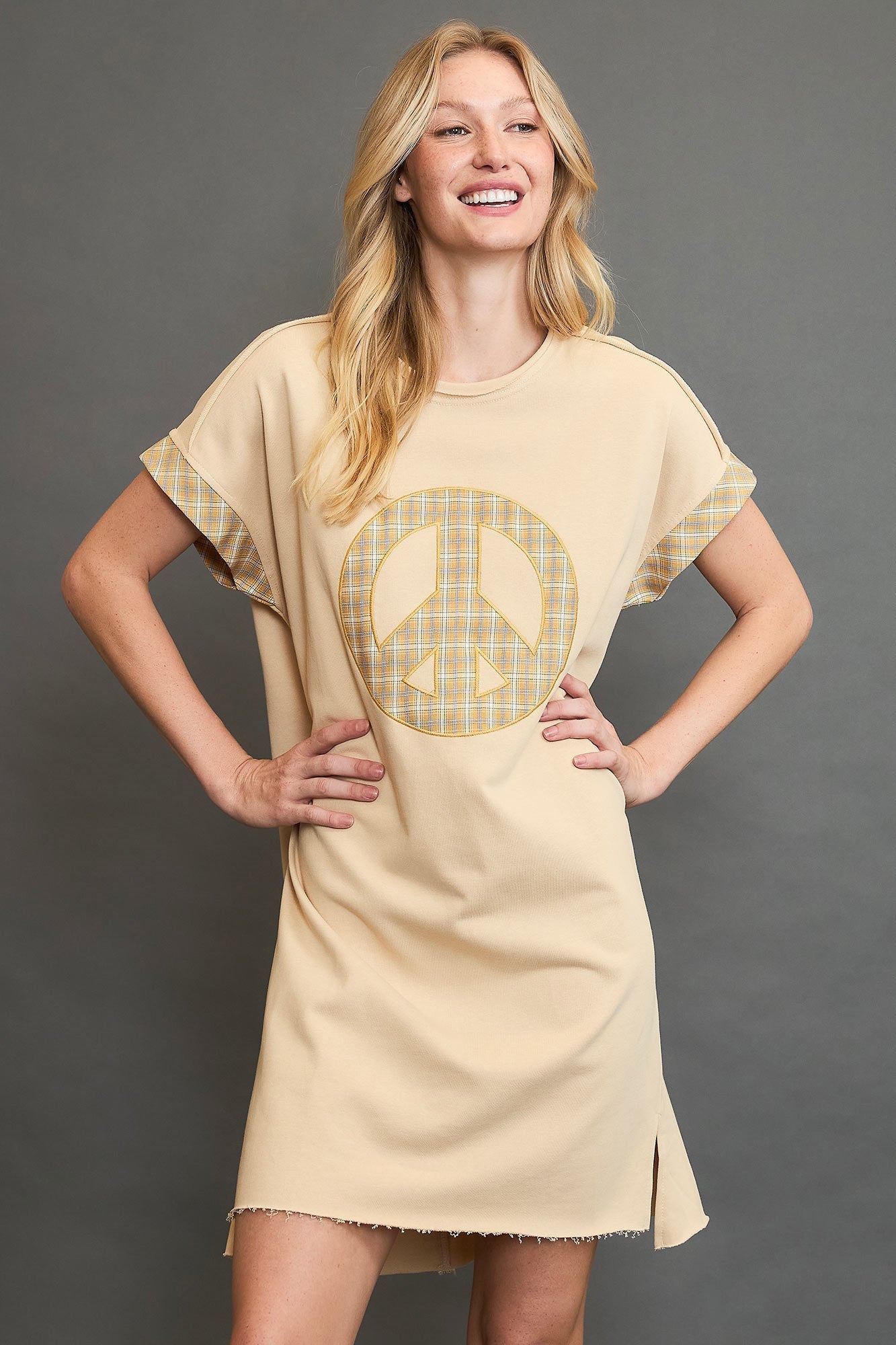 Peace Plaid Applique Short Sleeve Mini Dress – Trendy Plaid, Fun Peace Applique, High-Low Hem for a Chic Casual Look
