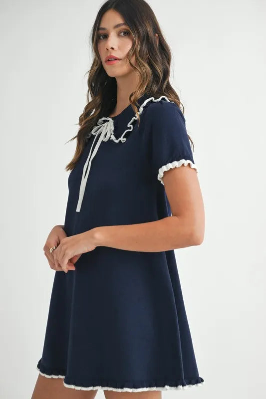 Ruffle Trimmed Collar Fine Knit Mini Dress For Women – Ruffle Mini Dress, Fine Knit Dress, Collar Dress, Feminine Mini Dress, Chic Knit Dress