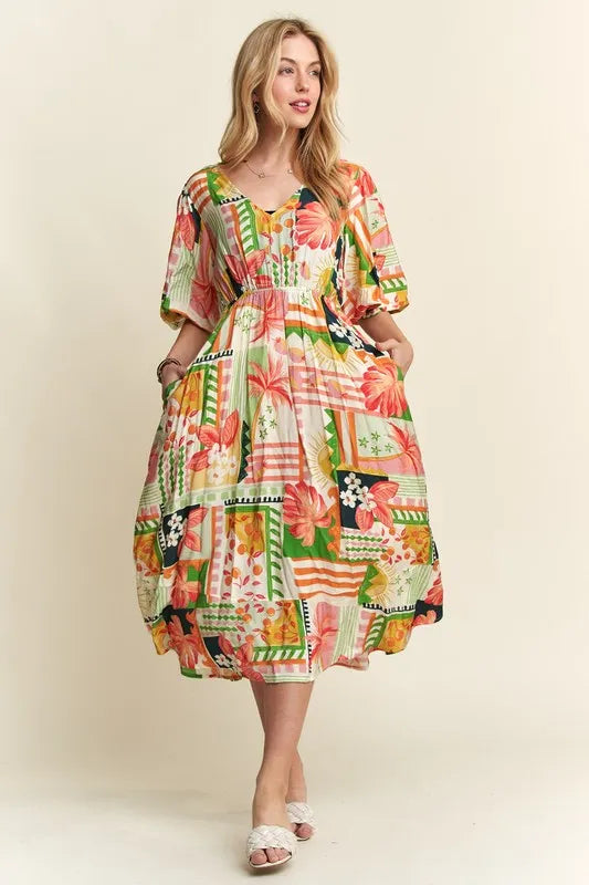 New Summer Floral V-Neck Puff Sleeve Midi Dress For Women – Feminine, Charming, Elegant, Eye-Catching, Perfect for Any Occasion