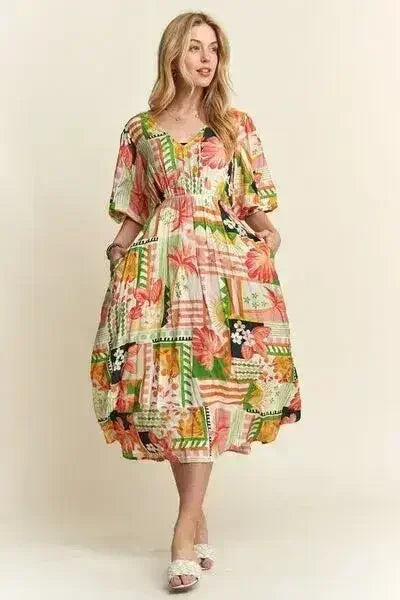 Floral V-Neck Puff Sleeve Summer Midi Dress – femstylo
