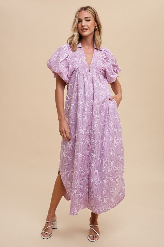 Romantic Floral Detail Puff Sleeve Dress Feminine Elegant Dress for Women Long Dress For Summer