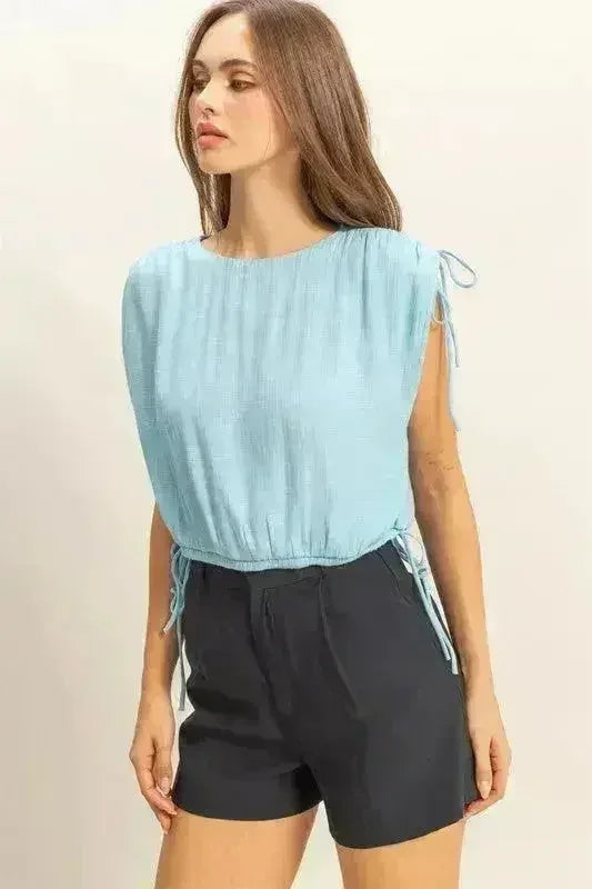HYFVE Bubble Hem Side Tie Detail Round Neck Sleeveless Blouse
