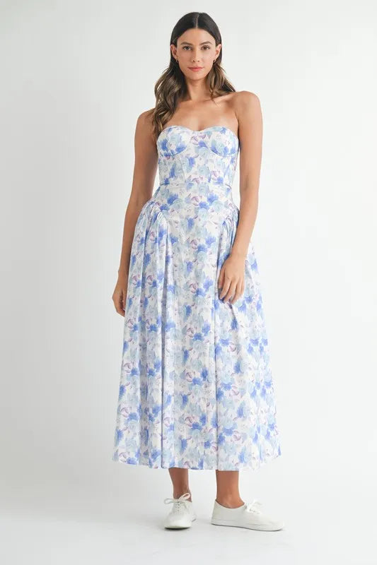 Sweetheart Neckline Floral Printed Midi Dress – Floral Midi Dress, Sweetheart Neckline Dress, Romantic Midi Dress, Feminine Floral Dress, Elegant Midi Dress