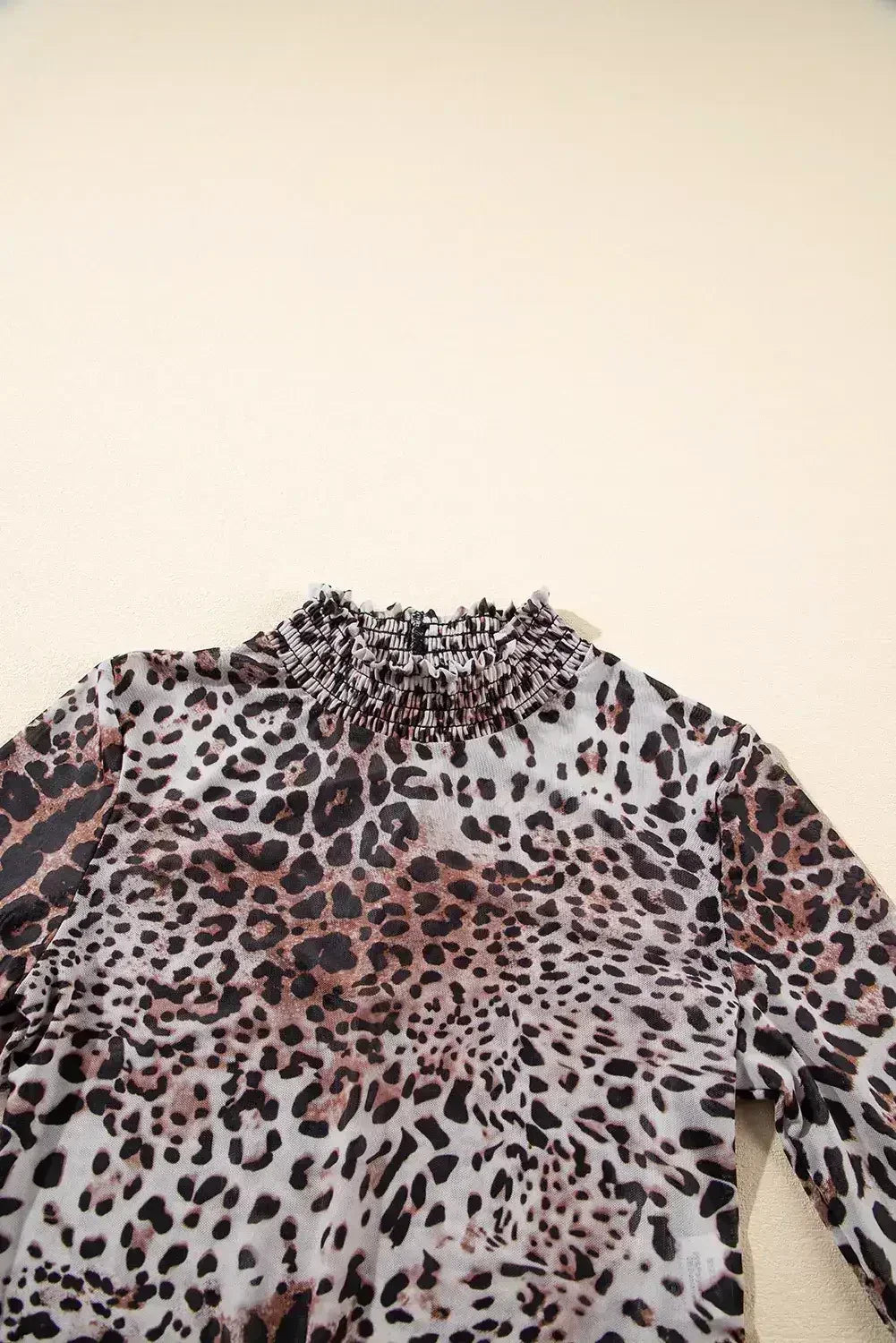 Brown Leopard Print Mesh Bodysuit Smocked Neck - Femstylo