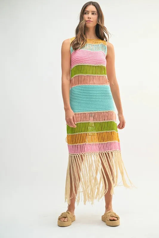 Multi Color Fringed Crochet Knit Dress For Women – Crochet Knit Dress, Fringed Dress, Multi-Color Dress, Bohemian Knit Dress, Festival Dress