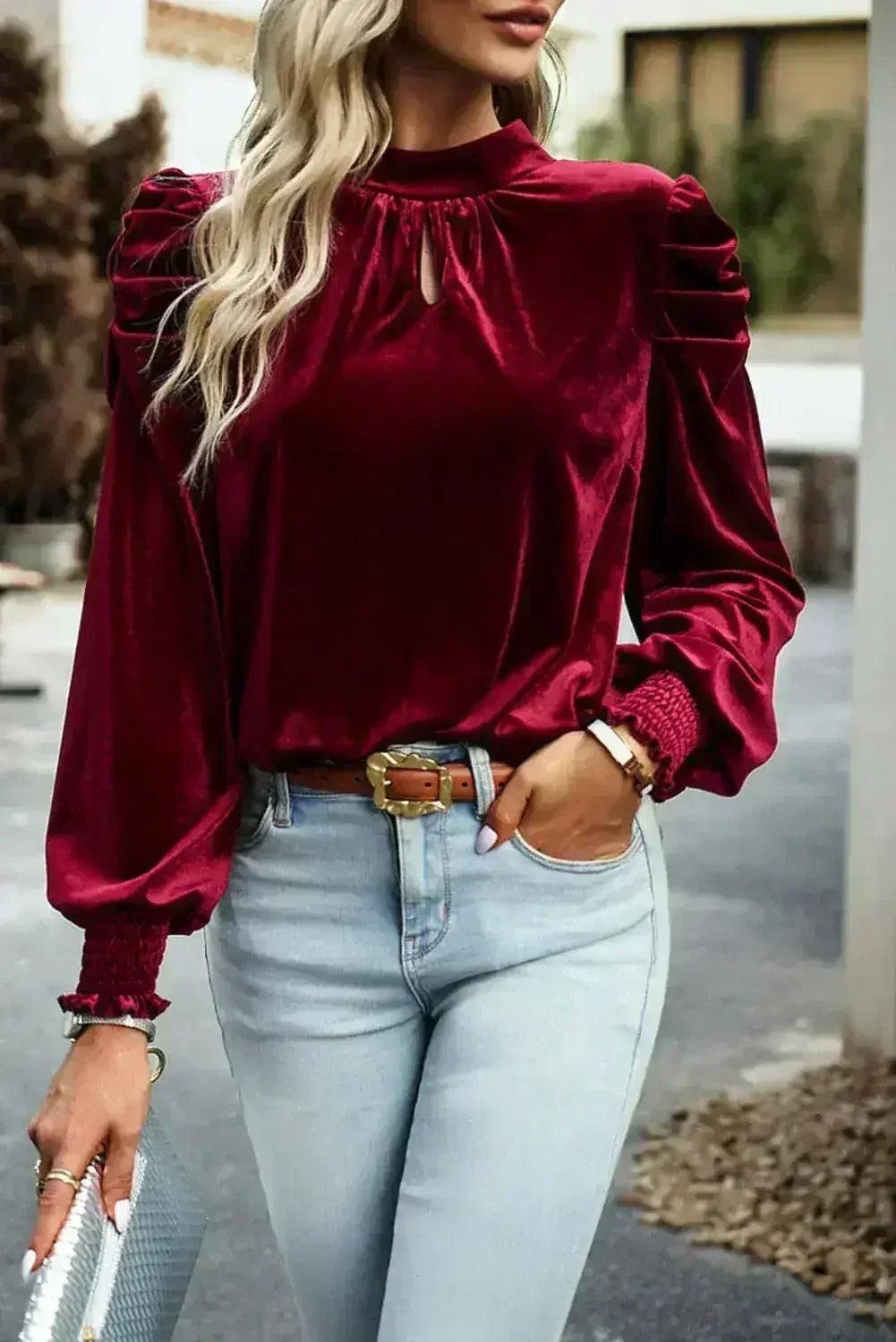 Fiery Red Velvet Blouse - Mock Neck & Puff Sleeves | Femstylo