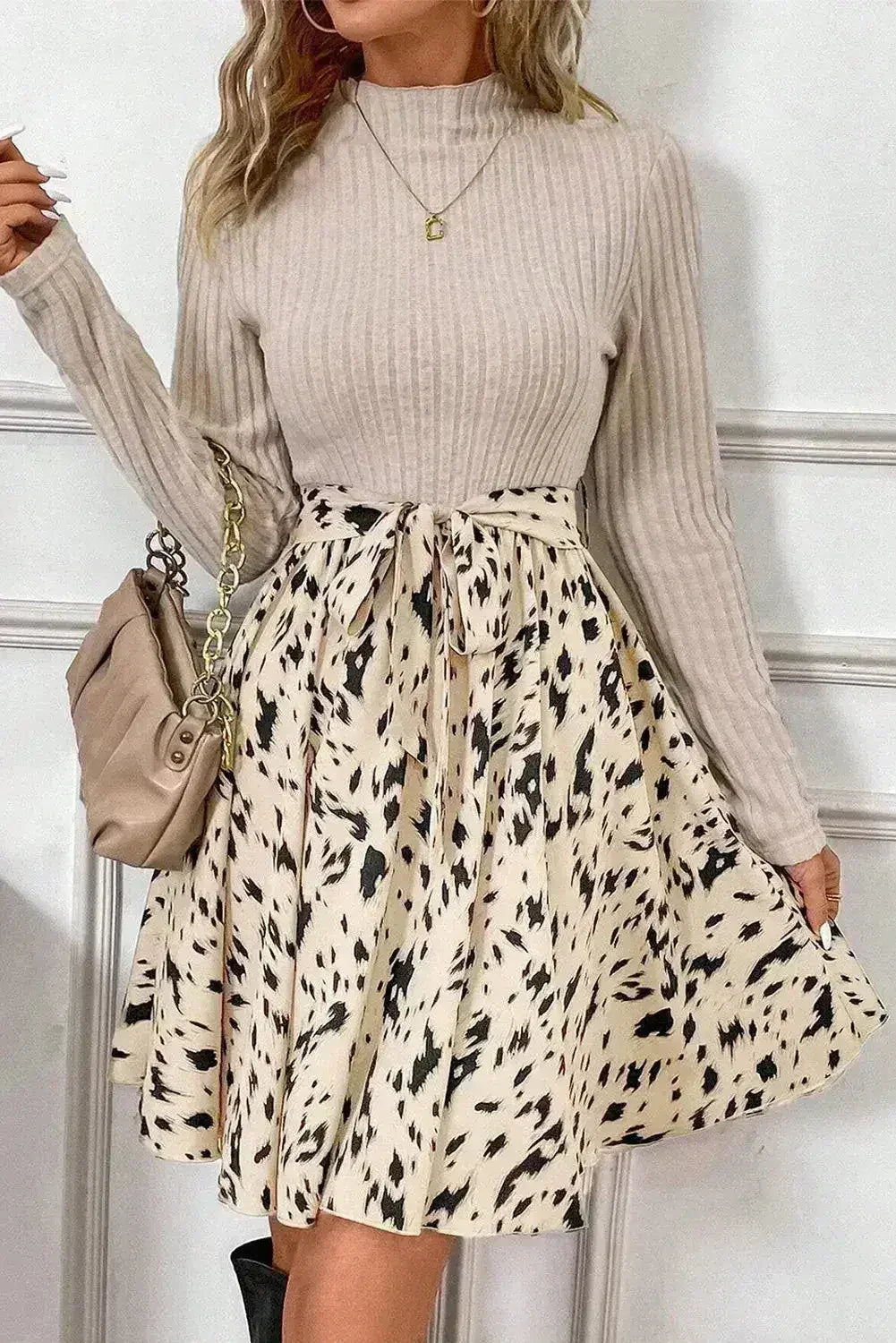 Tied Mock Neck Printed Dress | Long Sleeve Wrap Style | Femstylo
