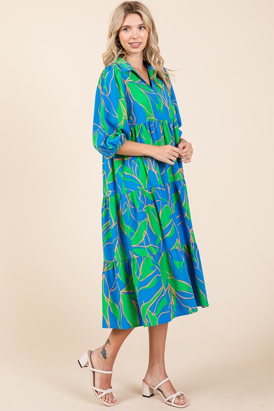 New Summer Tiered Printed Collared Neck Midi Dress – Chic and Sophisticated Midi Dress with Layered Design and Polished Collared Neckline