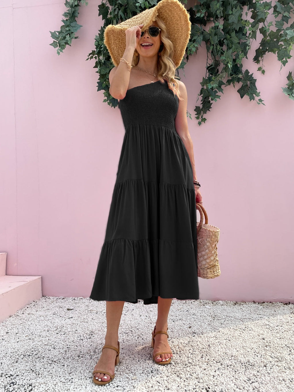 Smocked Single Shoulder Sleeveless Dress Stylish & Comfortable Summer Long Dress Lightweight Dress