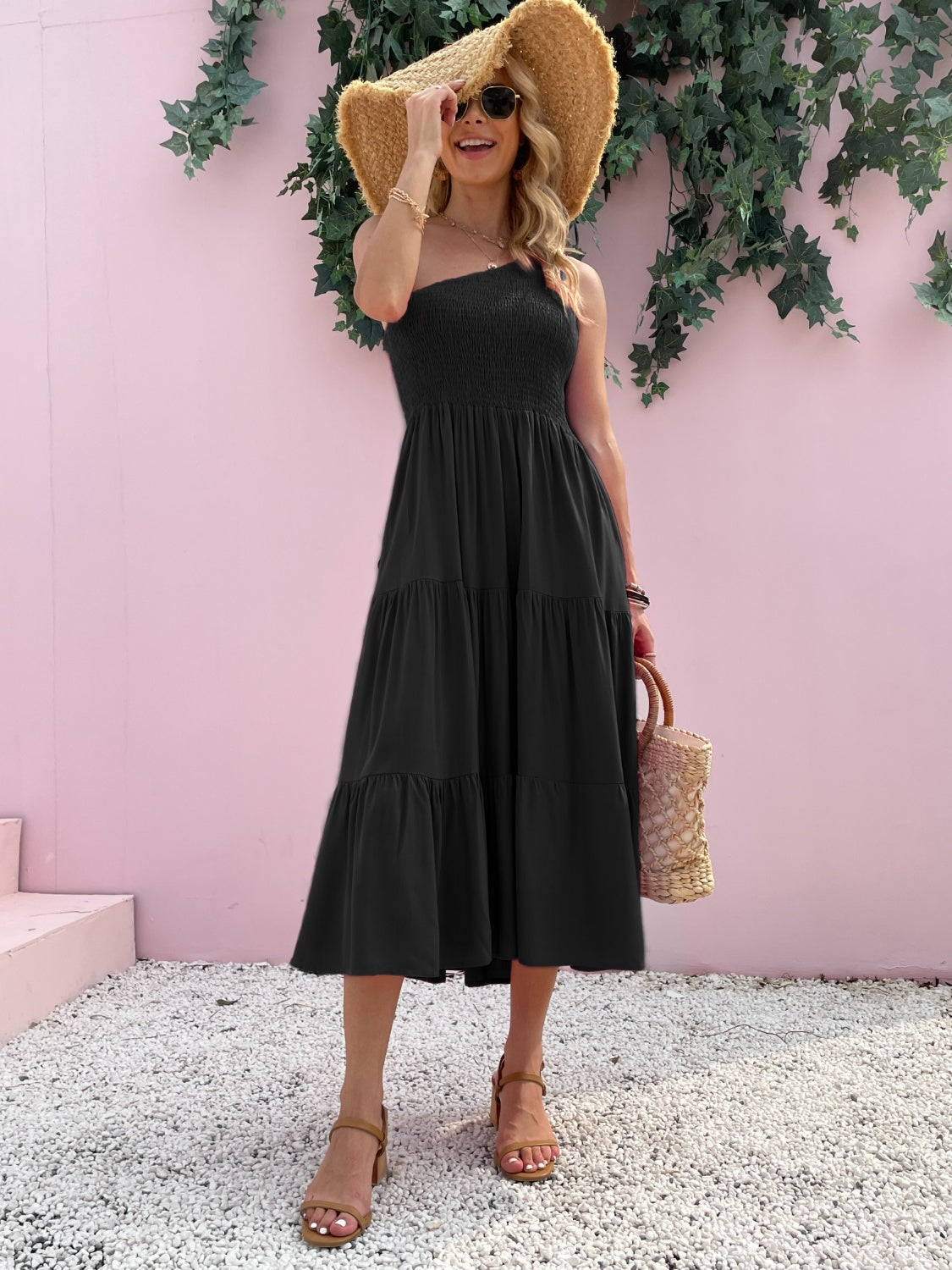 Smocked Single Shoulder Sleeveless Dress Stylish & Comfortable Summer Long Dress Lightweight Dress