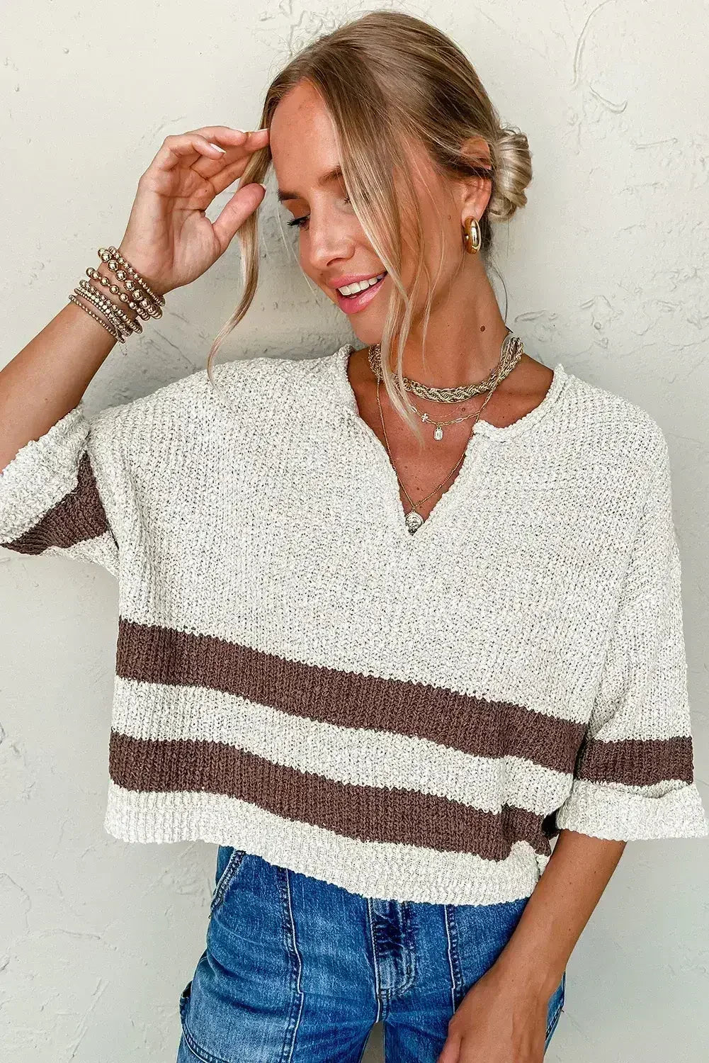 Brown Stripe Cropped Drop Sleeve Sweater