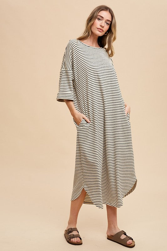 Striped Round Neck Midi Dress Soft & Stylish Classic Design Long Dress