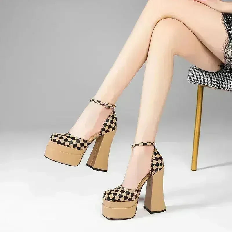 Leather Super Heels Platform Banquet High Heels Colorblock Chunky Heel