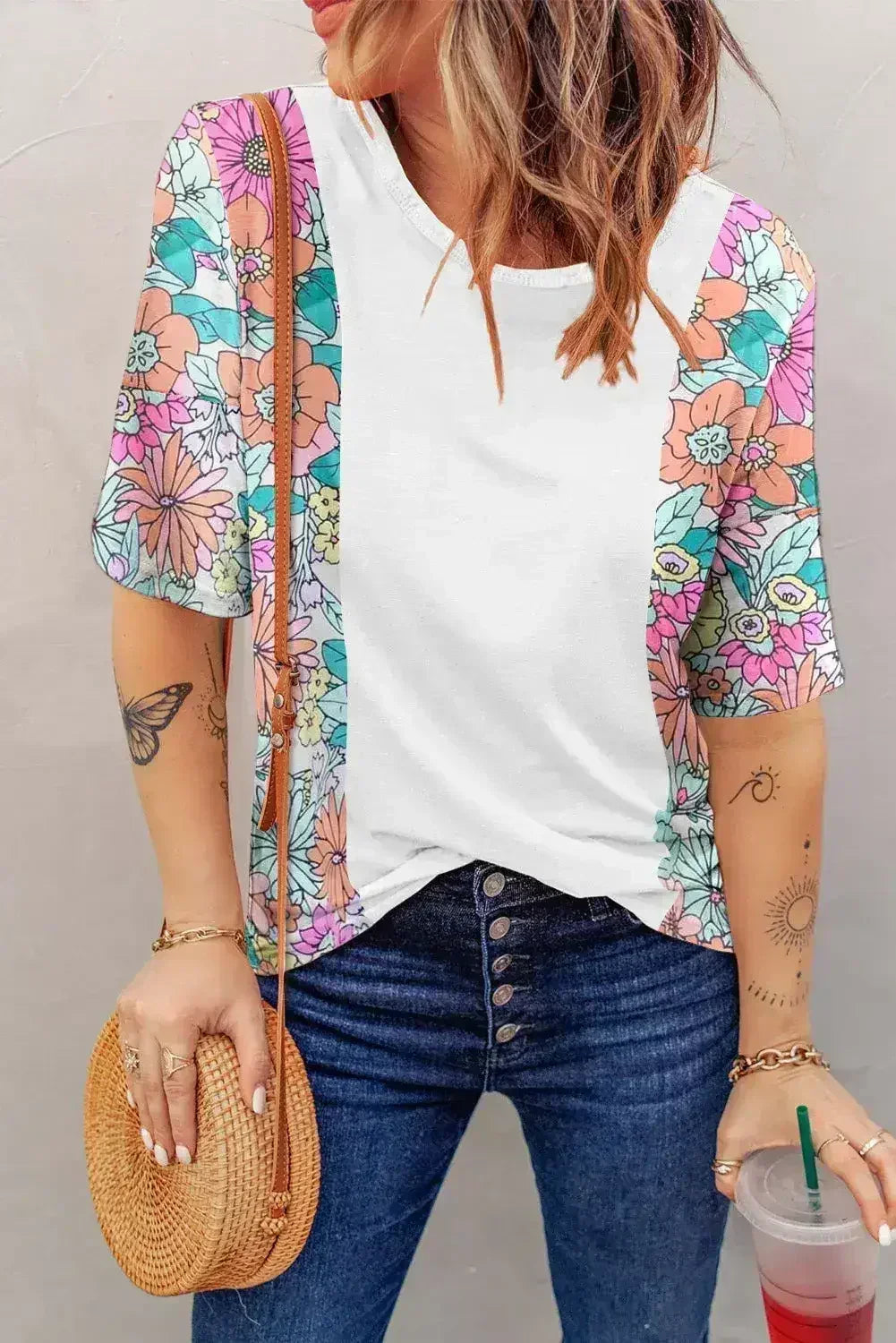Floral Patchwork Top - Short Sleeve Summer Tee | Femstylo