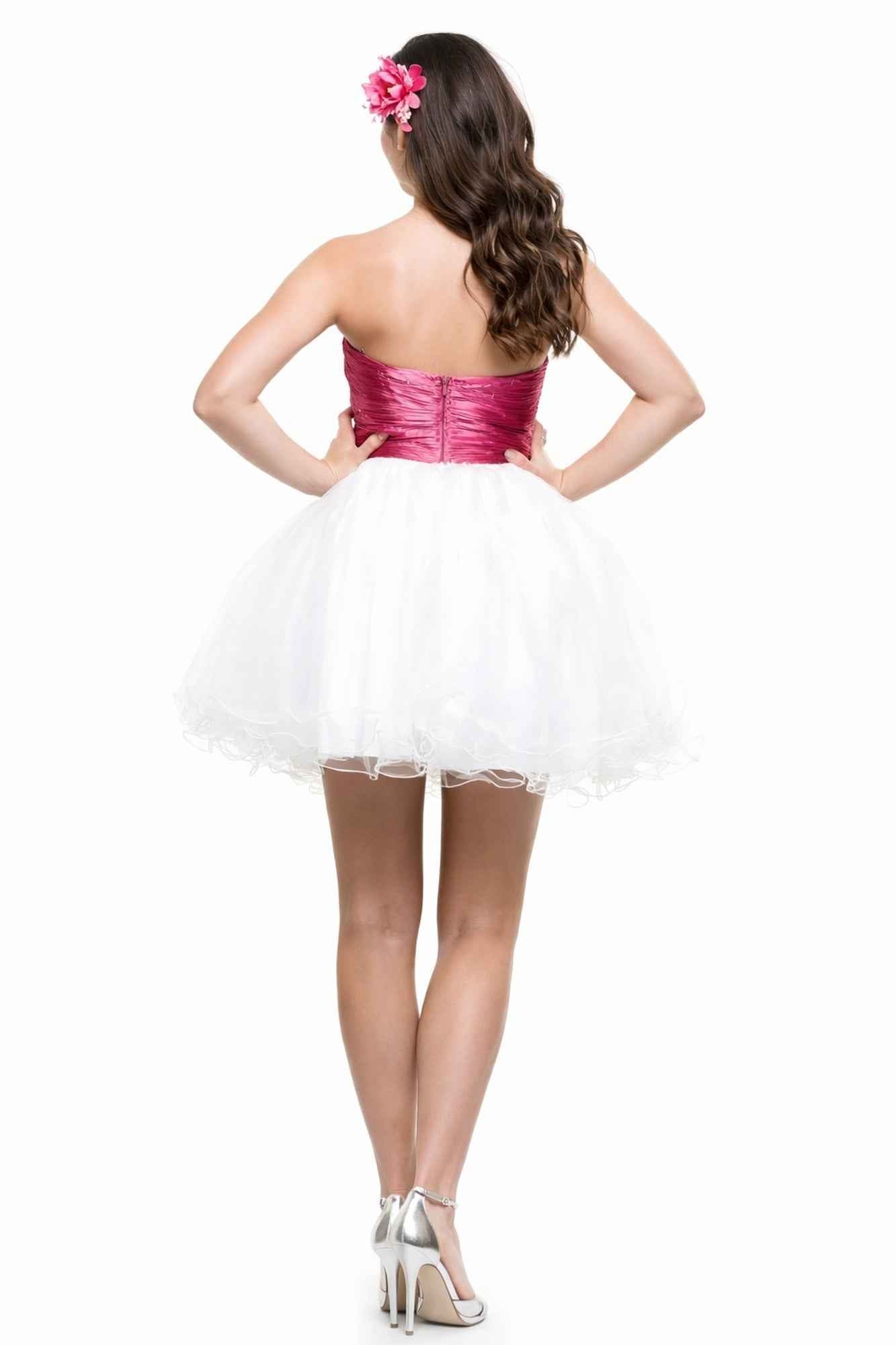 CLEARANCE - Cinderella Divine 077 Short Strapless White Dress Hot Pink Rhinestone Waist Tulle