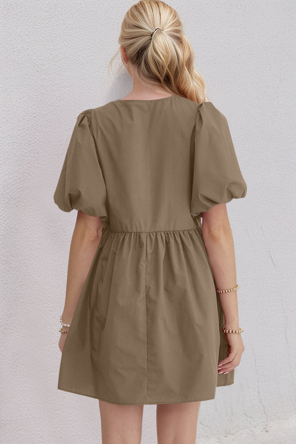 Elegant Ruched Puff Sleeve Mini Dress Vintage Bow Detail Cute Short Dress for Women