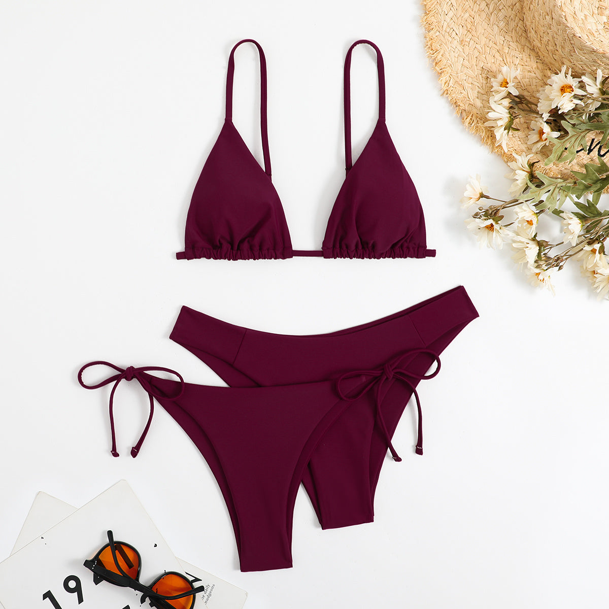 Essential Edge 3-Piece Bikini Set for Women – Solid Color High-Cut Triangle Top Two-Style Bottoms with Side Lace-Up Design & Quick-Drying Comfort – Versatile Women's Swimwear for Summer Pool Beach & Travel