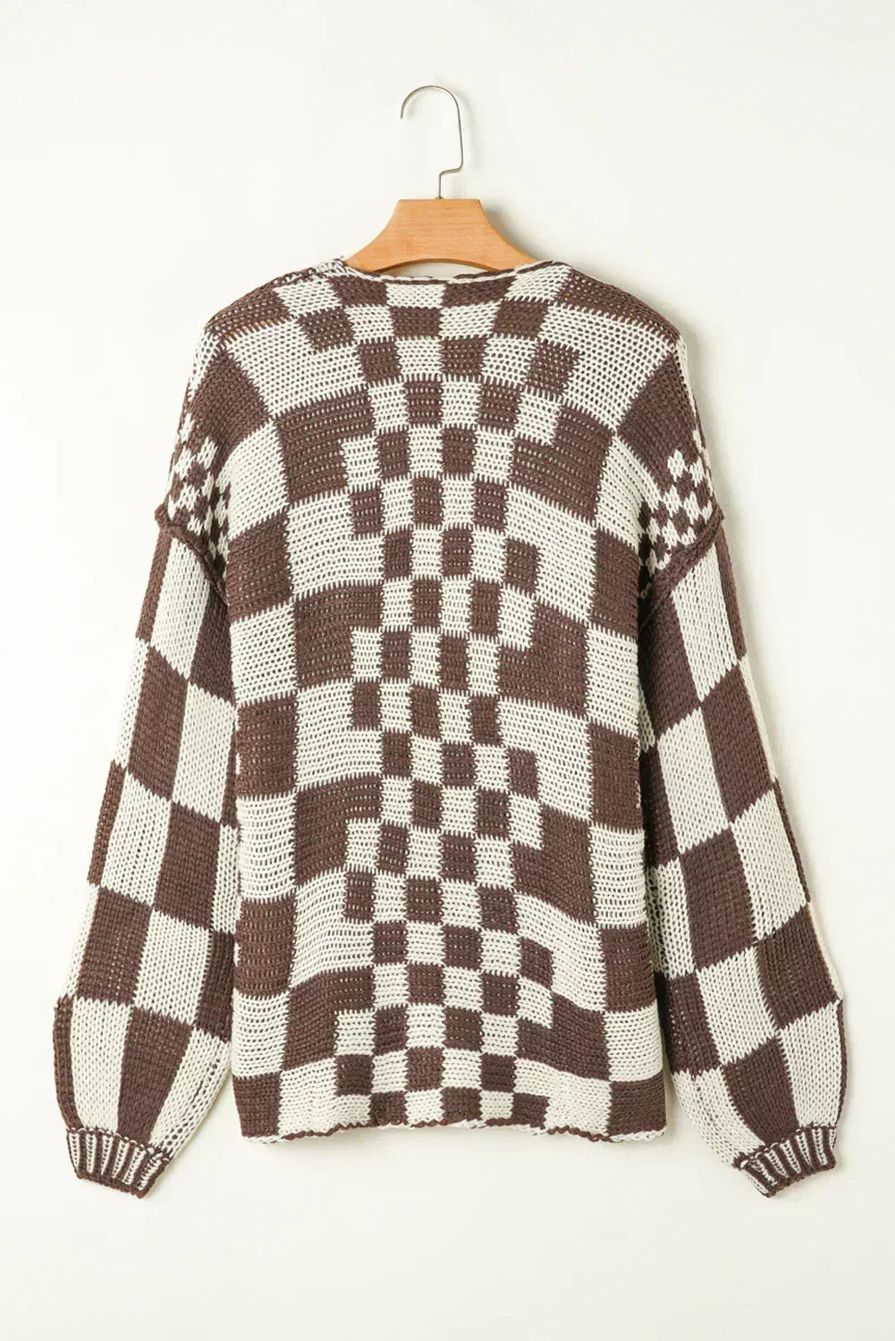 Taupe Colorblock Checked Open Front Knitted Cardigan